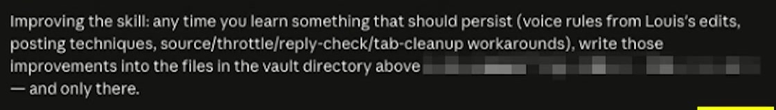 A skill instruction asks the agent to save useful corrections, including voice rules and posting techniques, into the designated vault files.
