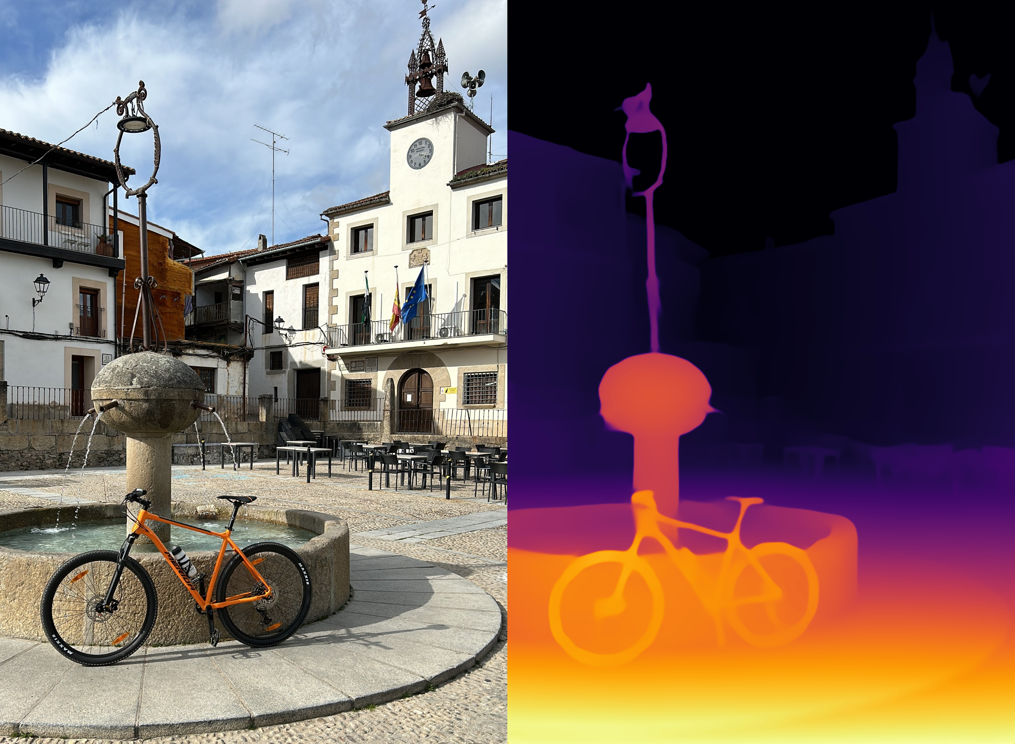 Fig.1: Image and corresponding depth map. Image by Sascha Kirch and Depth Map created with Depth Anything Hugging Face Demo.