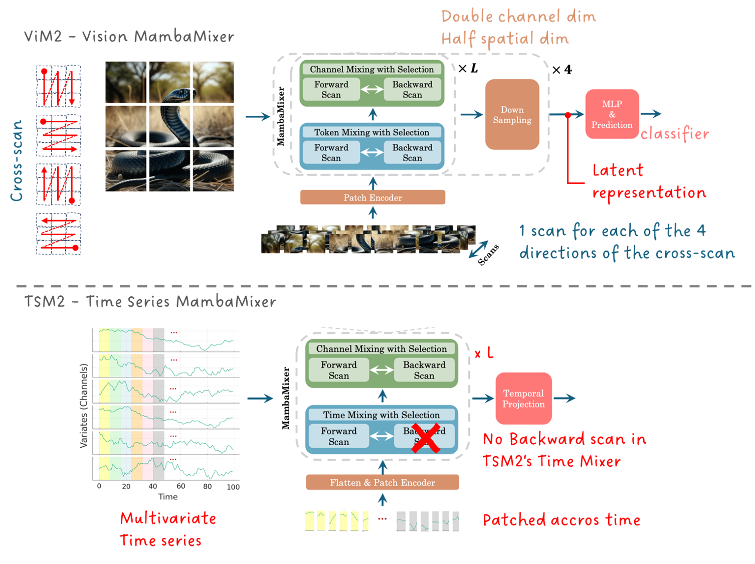 Image 12: Architecture of the ViM2 Vision MambaMixer and the TSM2 Time Series MambaMixer. Image by A. Behrouz et.al., annotated by Sascha Kirch.