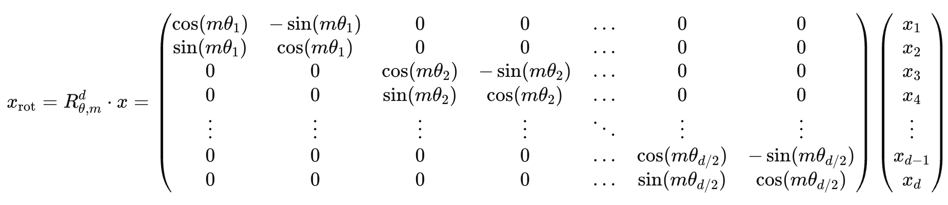The general for form RoPE in d dimensions, where generically represents the query or key vector being rotated. Image by author.