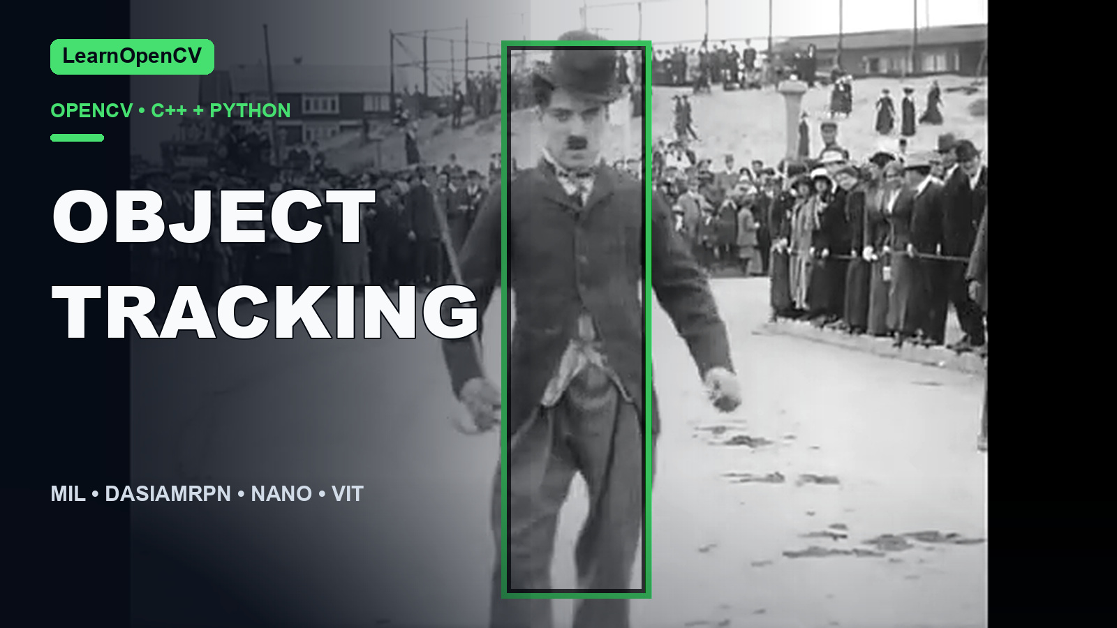 Charlie Chaplin tracked with a bounding box in an OpenCV object-tracking example.