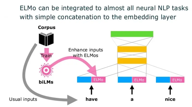 ELMo embeddings are concatenated with input tokens (the blue blocks) for downstream tasks ELMo embeddings are concatenated with input tokens (the blue blocks) for downstream tasks