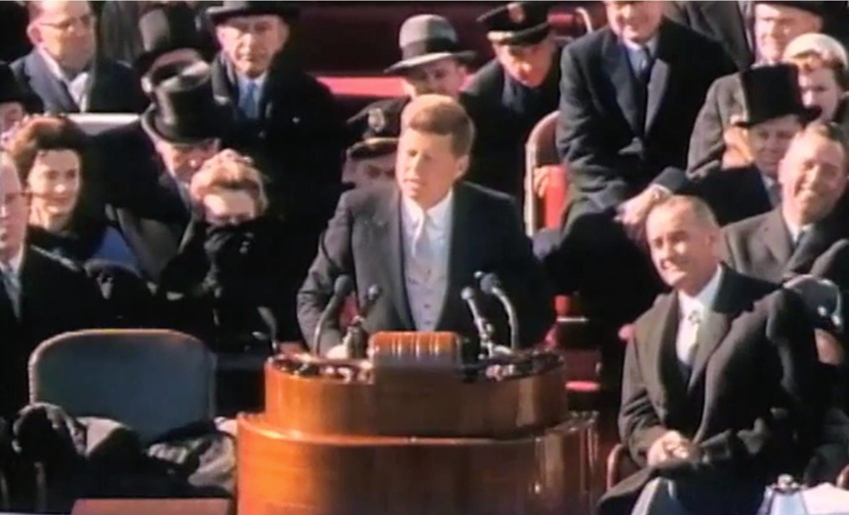 Former US President John F Kennedy delivering his inaugural address on 20 January 1961. Screen-grab via video on the website of the JFK Presidential Library and Museum.