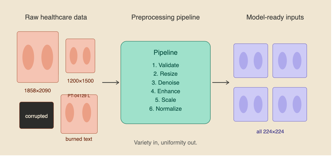 Illustration showing a healthcare data preprocessing workflow. Mixed medical images with different sizes, missing labels, noisy scans, and corrupted files enter a preprocessing pipeline and emerge as clean, standardized, model-ready images ready for machine learning.