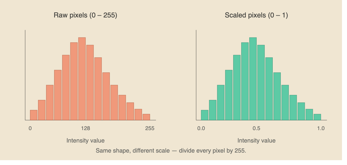Histogram comparison showing chest X-ray pixel values before and after scaling. The left histogram displays values in the 0–255 range, while the right histogram shows the same distribution scaled to the 0–1 range used for machine learning.